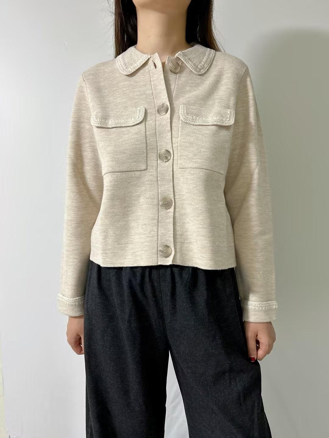 Betty Merino Wool Cardigan in Mottled Beige Crochet