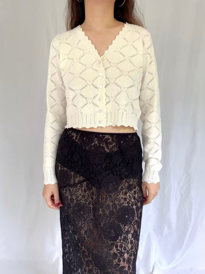 LSF Petra Knit Heart Argyle Cardigan - Parchment