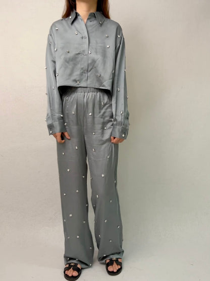 Set: Satiny Rhinestone Shirt, Trousers [size 36 sample sale]