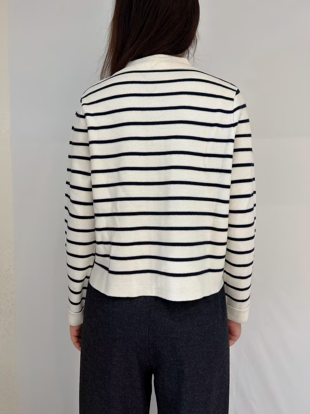 Betty Merino Wool Cardigan in Striped Ecru / Navy with Golden Buttons