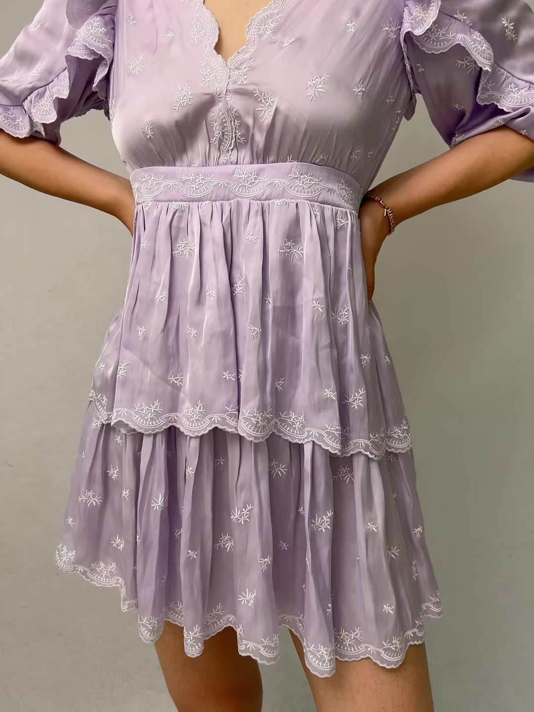 Purple Embroidered Ruffled Mini Dress [size 36 sample sale]