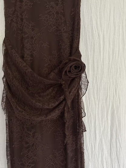 Robe longue Silentium - Dentelle marron chocolat en UK8