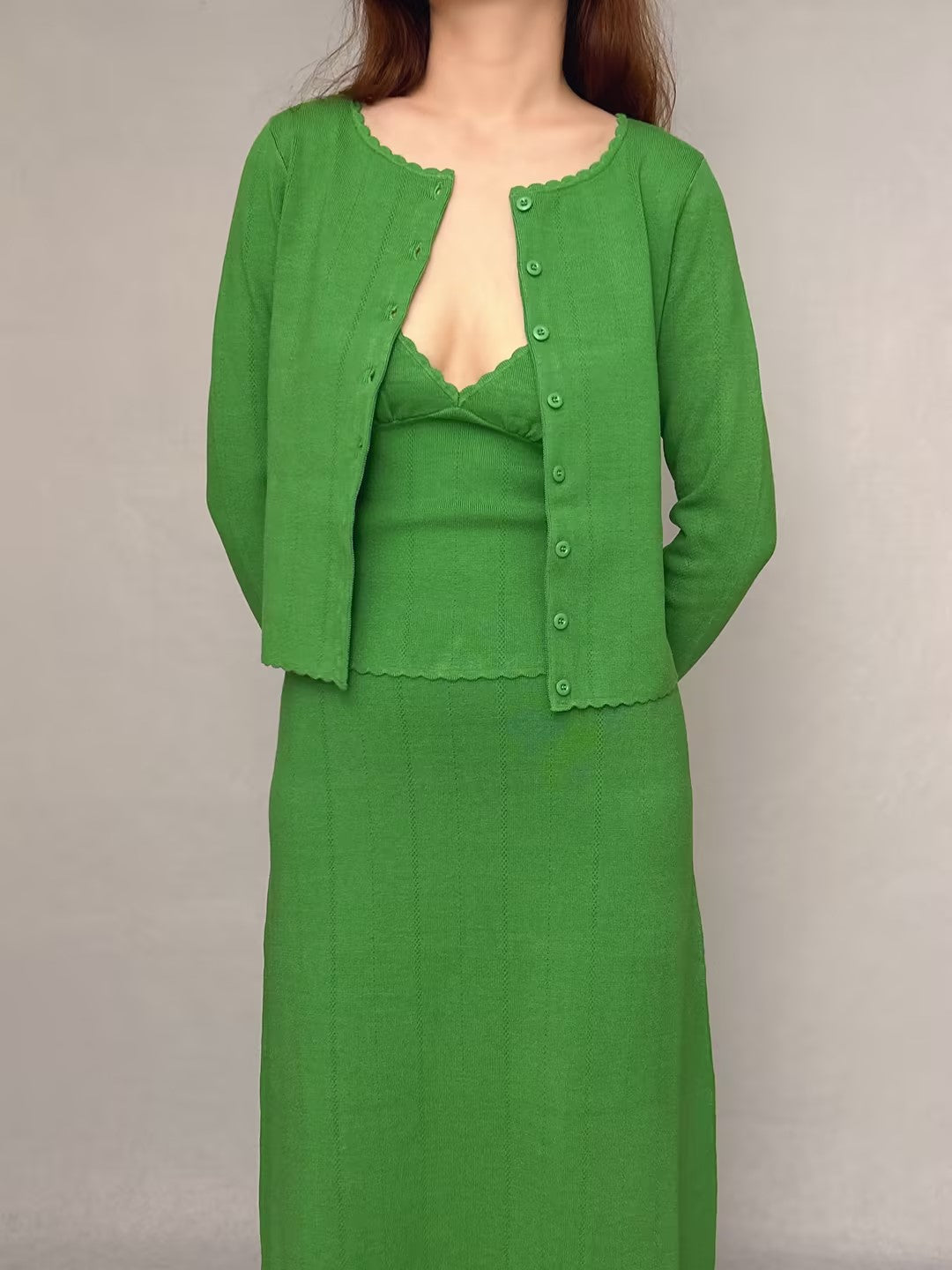 Set: Suzie Top, Elie Cardigan, Francine Skirt in Green [size M sample sale]