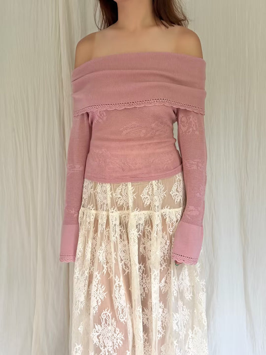 Pointelle Knit Off-Shoulder Top - Puce in XS/S