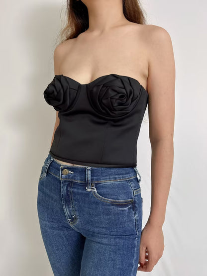 Black 3D Rose Strapless Top