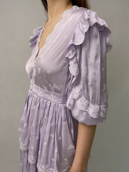 Purple Embroidered Ruffled Mini Dress [size 36 sample sale]