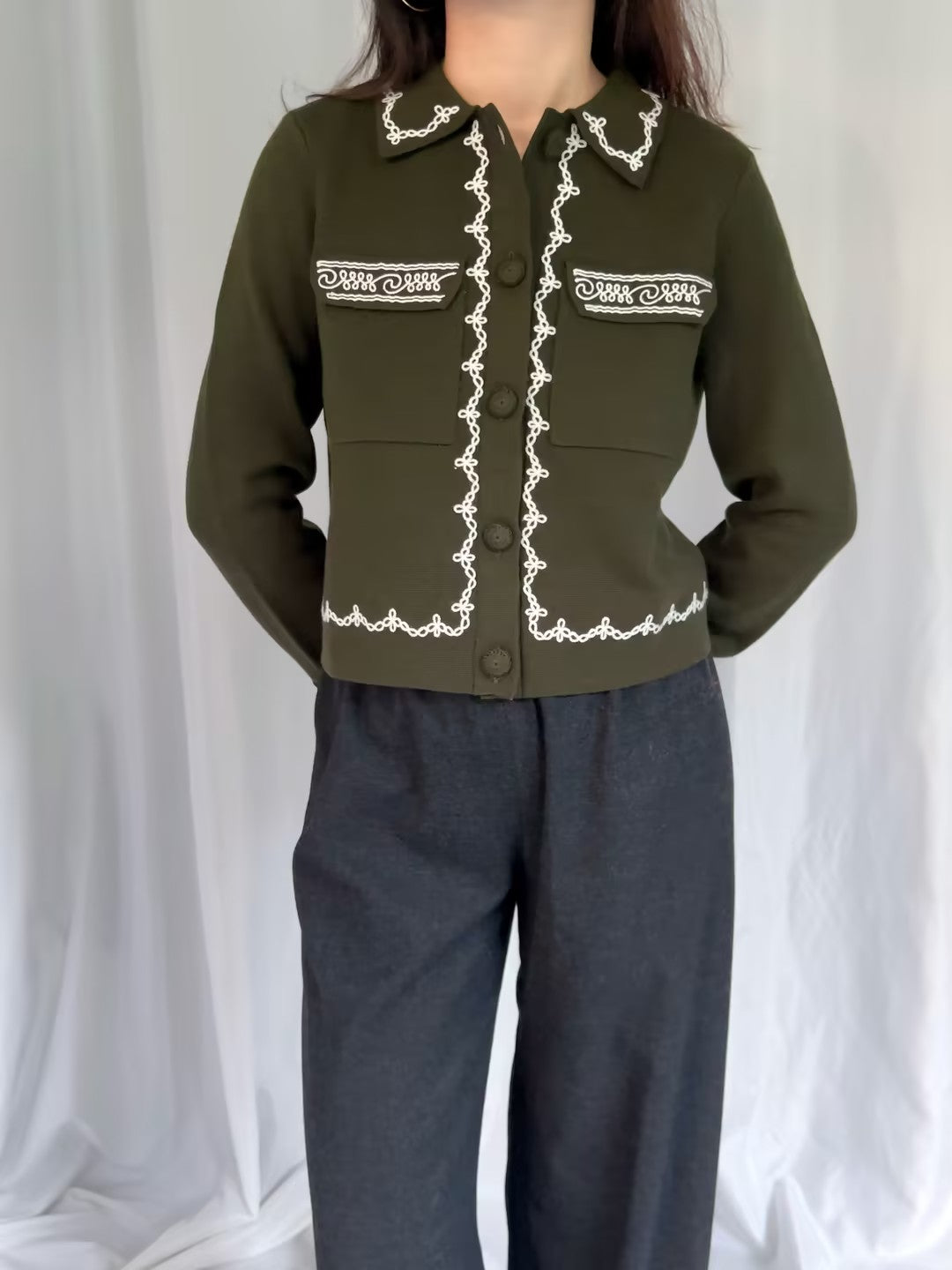 Betty Cardigan - Khaki Ecru Embroidery