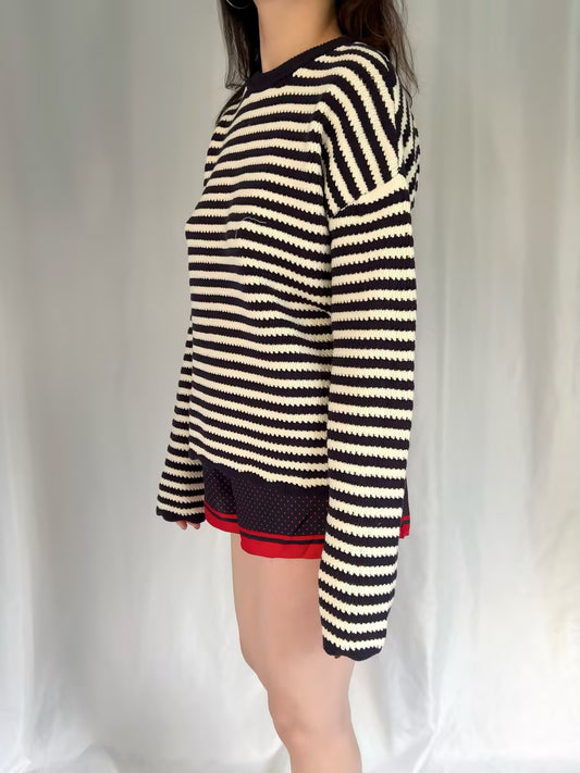 CL Stripe Crochet Crewneck Sweater in S
