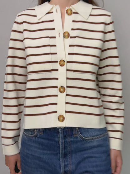 Betty Merino Wool Cardigan in Ecru/Camel Stripe