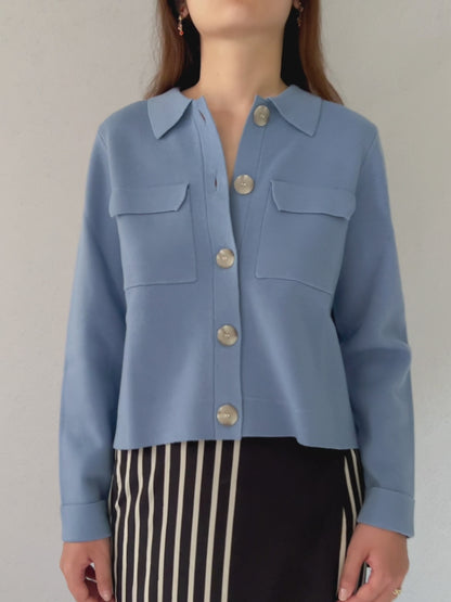 Betty Merino Wool Cardigan in Vintage Blue