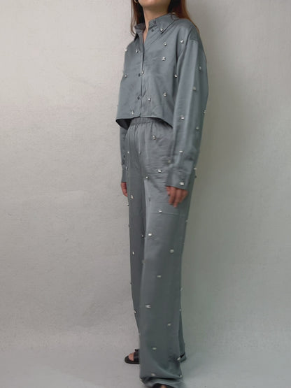 Set: Satiny Rhinestone Shirt, Trousers [size 36 sample sale]