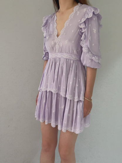 Purple Embroidered Ruffled Mini Dress [size 36 sample sale]